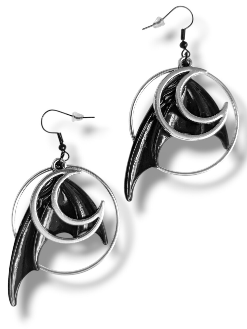 NWT Handmade Black Bat Wing Silver Crescent Moon and Hoop Layered Earrings